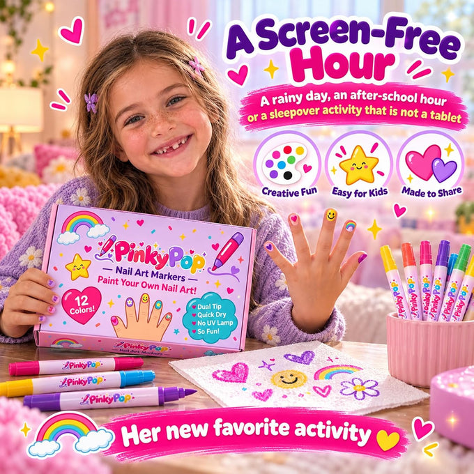 PinkyPop Nail Art Markers, 12 Colors Dual-Tip Nail Polish Pens Set for Kids
